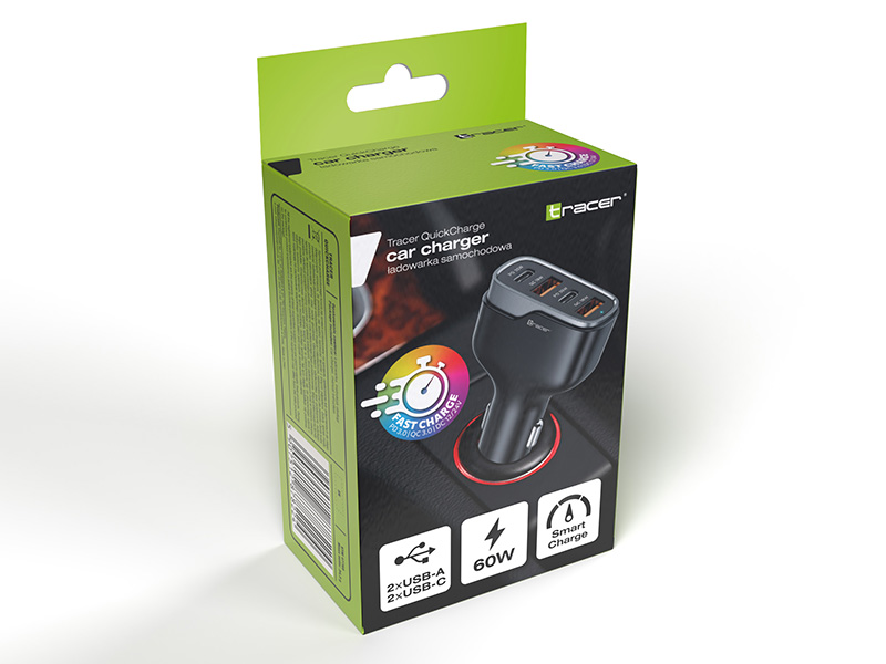 Tracer 47769 QuickCharge Car Charger, Black/Grey