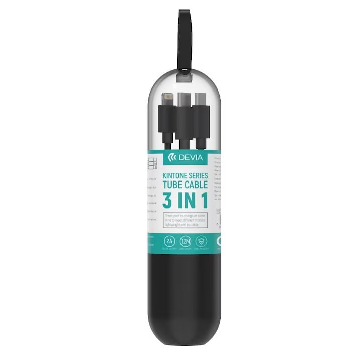 Devia Kintone Series 3In1 Tube, USB to Lightning, MicroUSB, Type-C, 1,2m, Black
