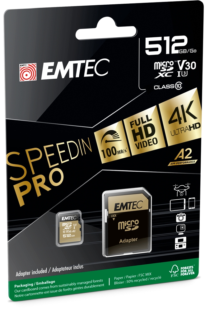 Emtec MicroSDXC 512GB UHS-I U3 V30 SpeedIN Pro