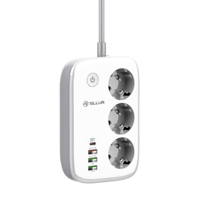 Tellur Smart WiFi Power Strip, 3 Outlets, PD 30W, QC 18W, 2 x USB 2.4A, 2500W, 10A, 2m