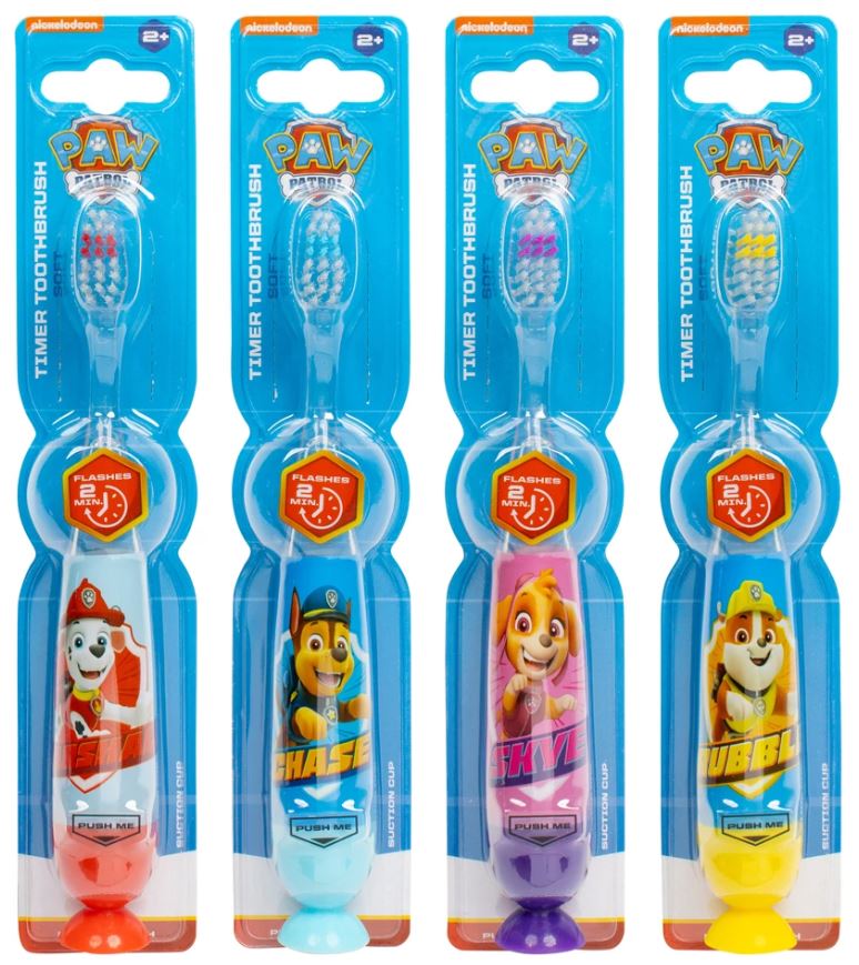 Paw Patrol Flashing Toothbrush Set with Suction Cup, Assorted Colors, 4 Pieces