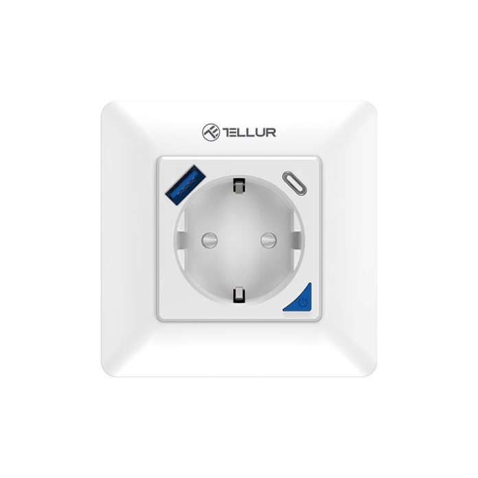 Tellur Smart WiFi Wall Plug 3600W 16A, 20W PD, 18W USB, energy monitoring, white